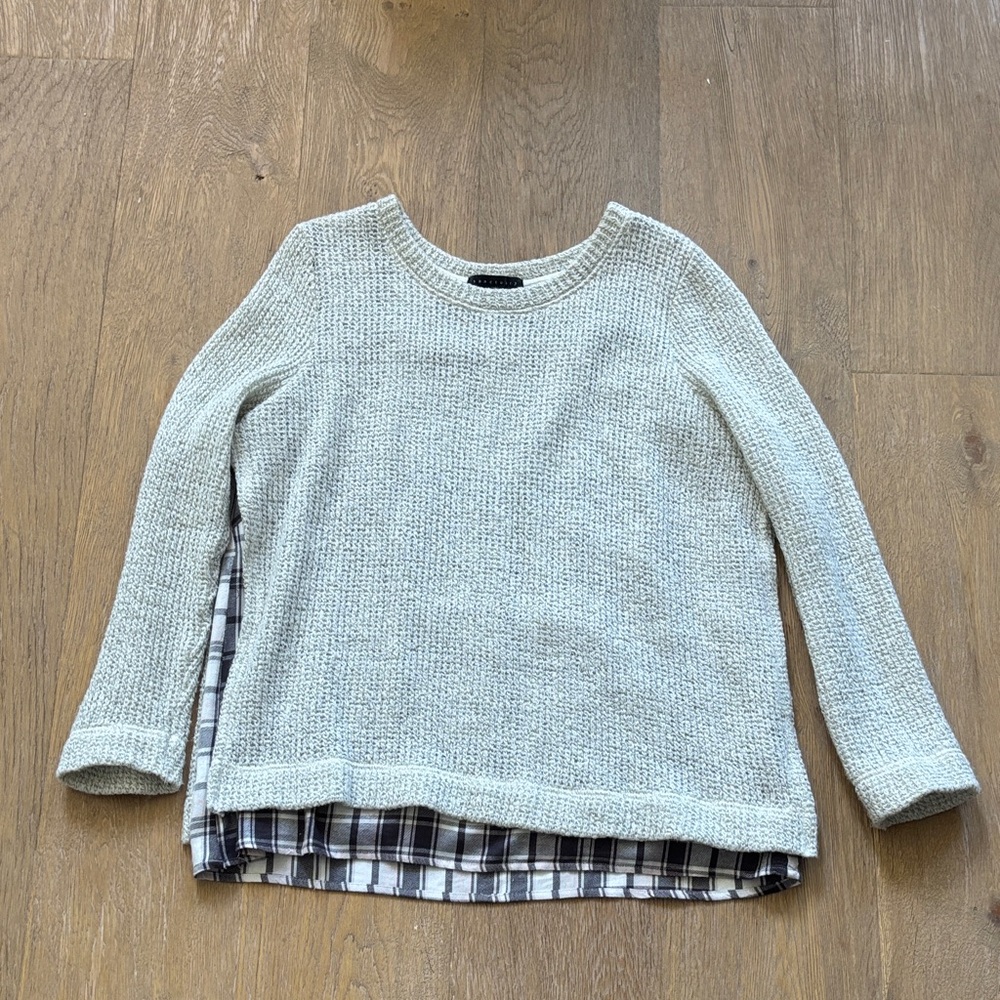 Sanctuary Gray Crew Neck Sweater with Plaid Detail